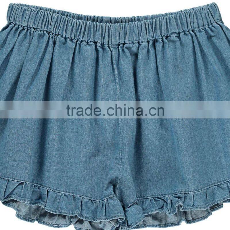 2017 hot sale soft denim Ruffle Shorts Denim blue wholesale girls custom ruffle icing pants