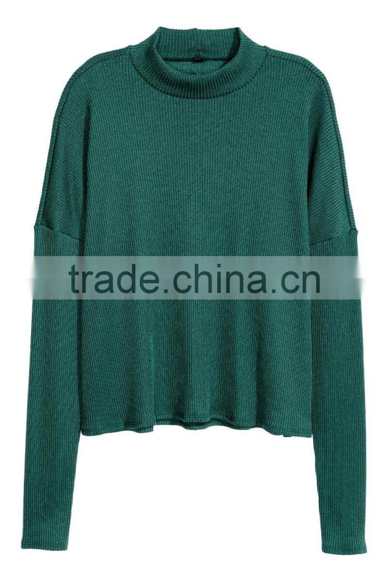 Green Ribbed Crew Neck Relax Fitted Wool Sweater Design for Girl with Dropped Sleeves