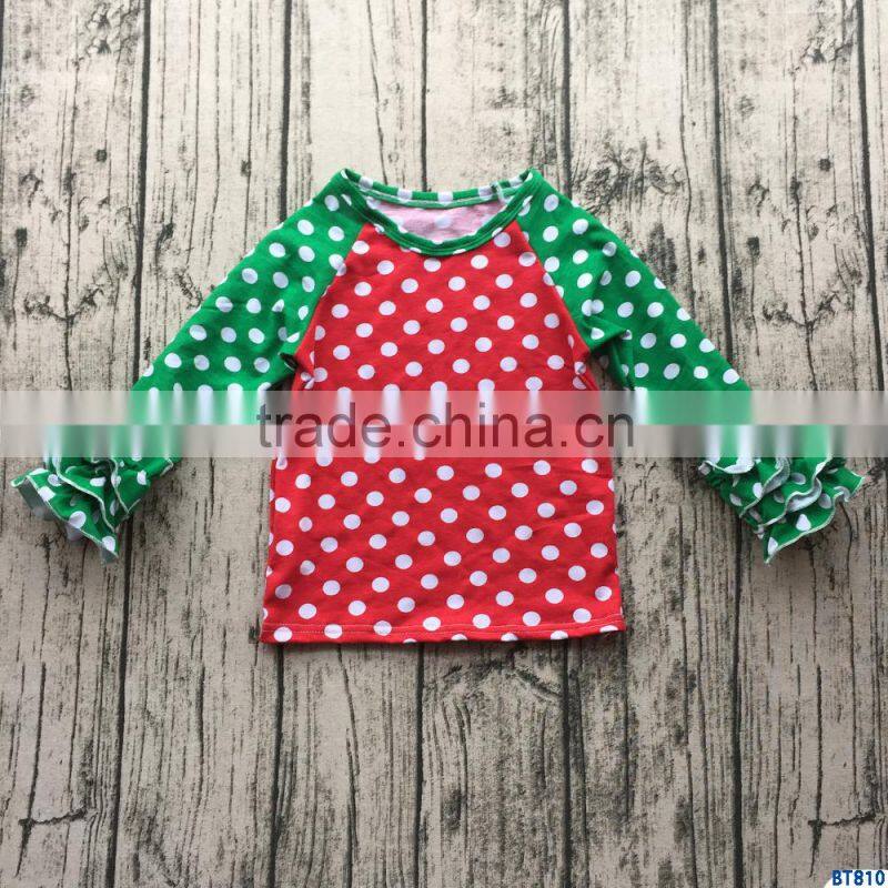New arrival baby girls christmas raglan shirts 100% cotton ruffle long sleeves kids clothes top