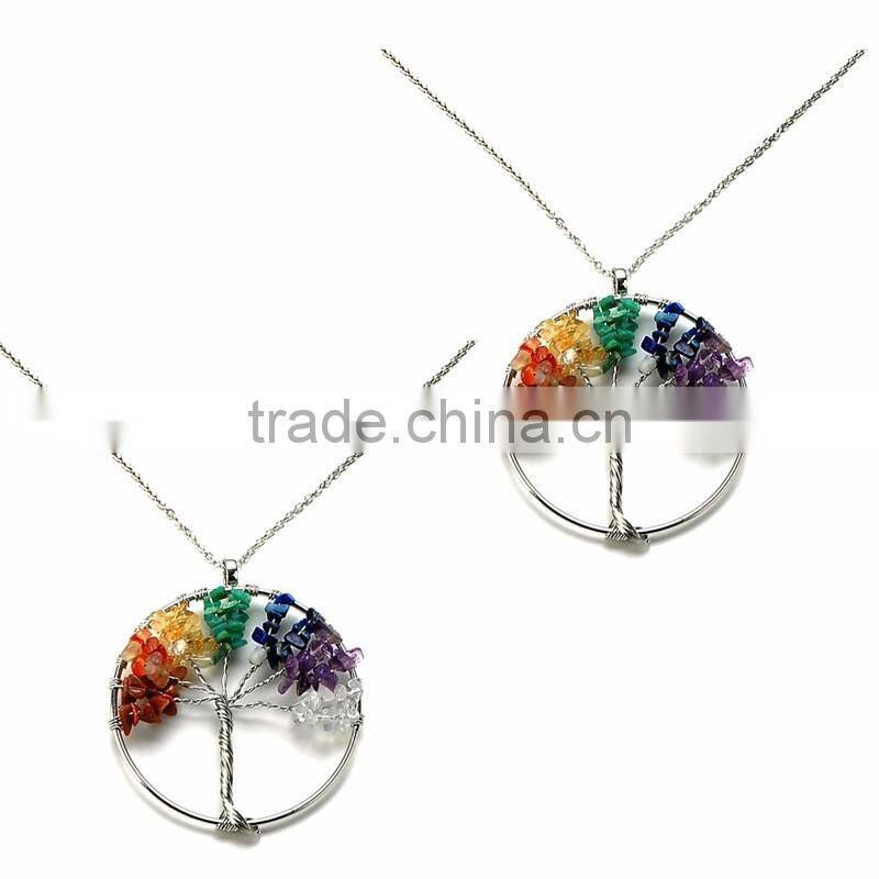 Natural Amethyst Reiki Chakra Tree of Life Crystal Wire Wrapped Pendant Necklace