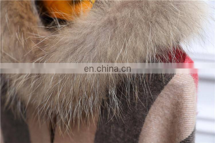 Fashion Women Real Raccoon Fur Hood Shawl Wool Cashmere Scarves Shawls