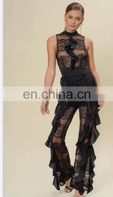 Fashion New Designs Sleeveless Ruffle Front Lace Black Rompers Jumpsuits for Women 2017