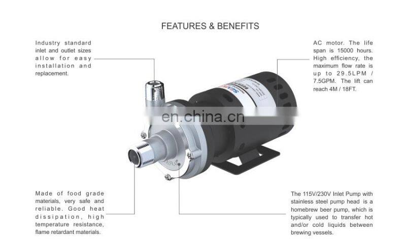 SEAFLO 115V AC 400GPH Magnetic Food Grade Stainless Steel Small Hot Water Circulation Beer Home Brewing Wort Pump