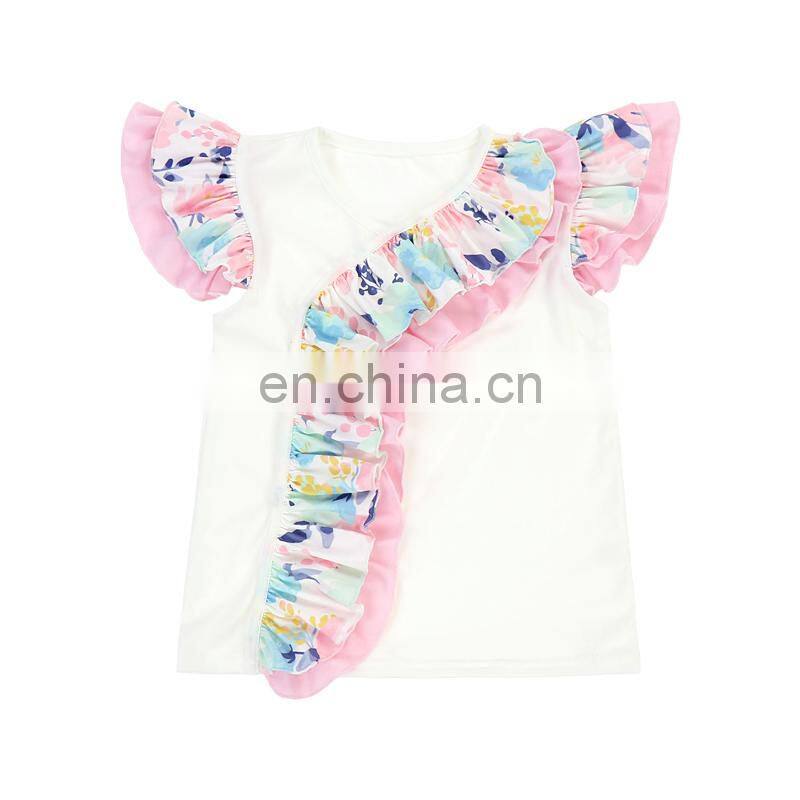 Unique ruffle flutter sleeve girl top baby white color top with colorful ruffles