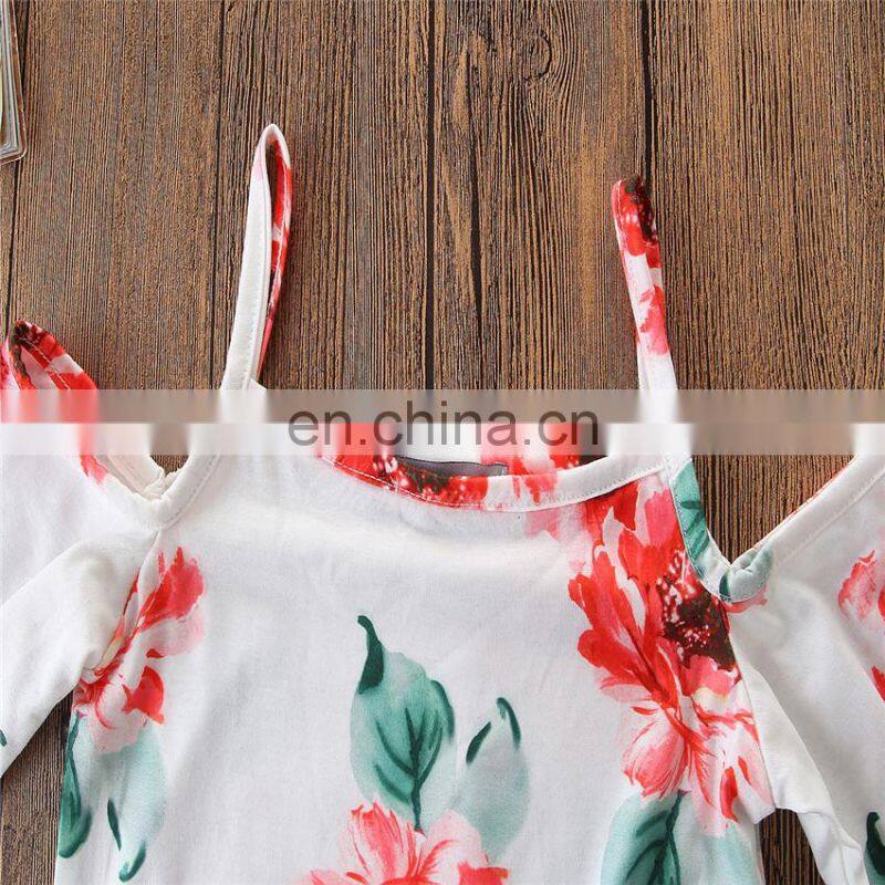 Girl Summer 2PCS Outfit Kids off shoulder flower print tops & broken-hole jeans set