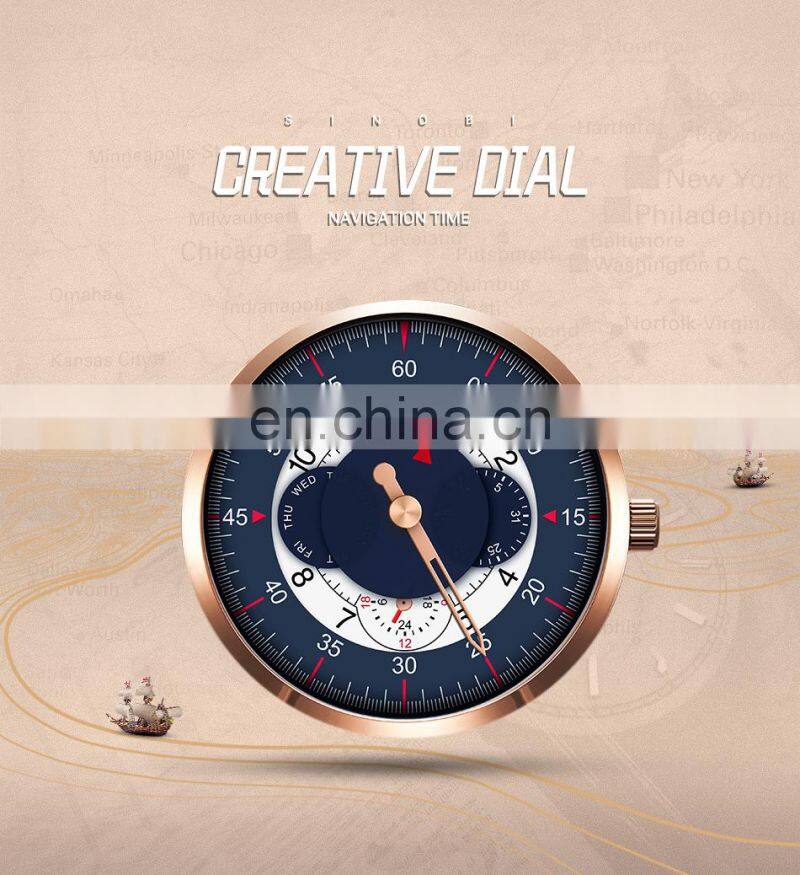 SINOBI Blue Leather Band Wrist Watches S9815G Chronograph Hand Watches Man Hollow Out Pointer Male Watch Montre Homme