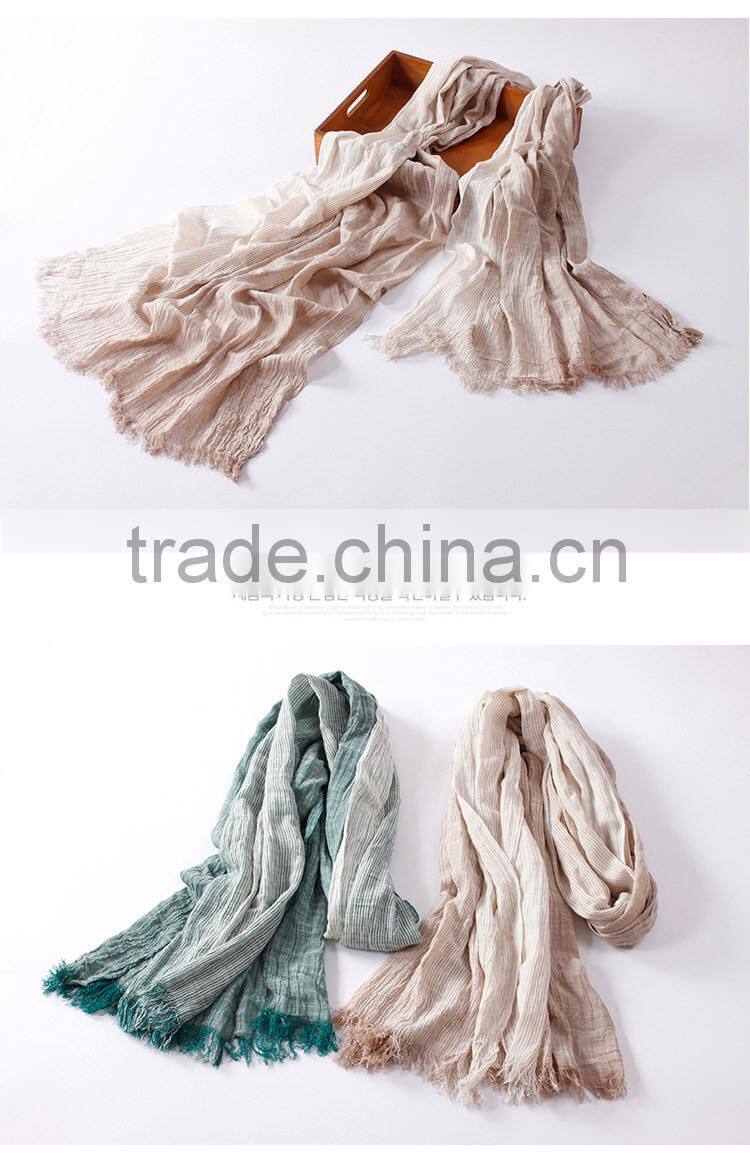 New Arrvial Korean Fashion Wrinkle Woven Striped Woman Linen Scarf
