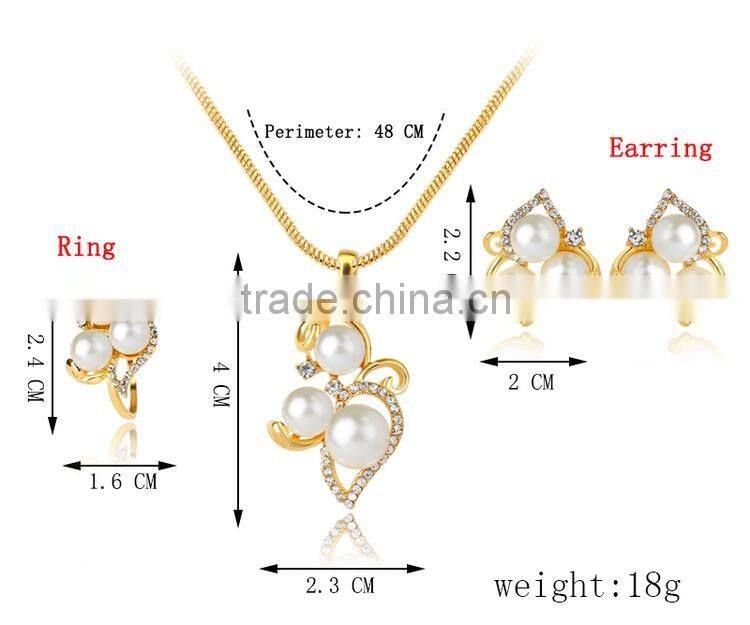 Gold Plated Elegant Fashion Inlaid Crystal Jewelry Sets Imitation Pearl Earrings Necklaces Ring Set For Women Wedding