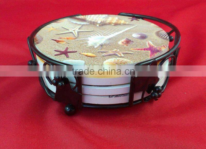 Sets of 4 metal frame absorbent printed round ceramic coaster with iron stand