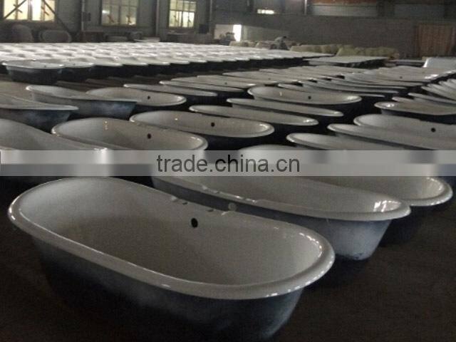 rectangular freestanding cast iron bathtub with wooden cradle