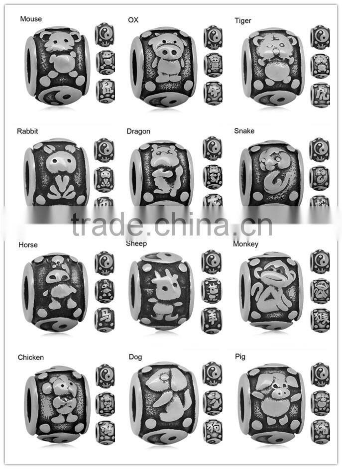 Wholesale 12 Constellations Totem Vintage Tone Stainless Steel Big Hole European Charm Beads Jewelry Accessories SEB-LG527