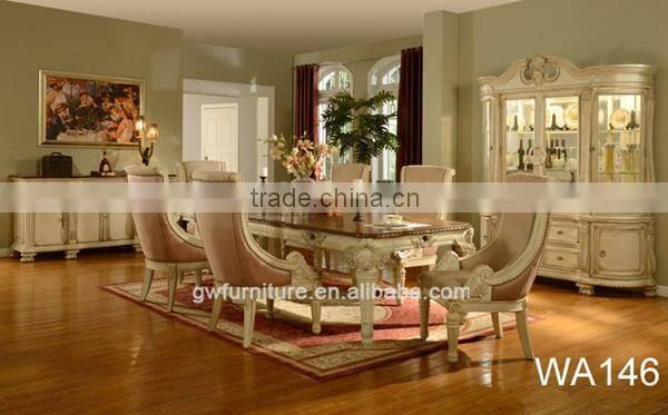 Luxury european handmade long square 6seater marble top dining table and chair pure wood designs WA147