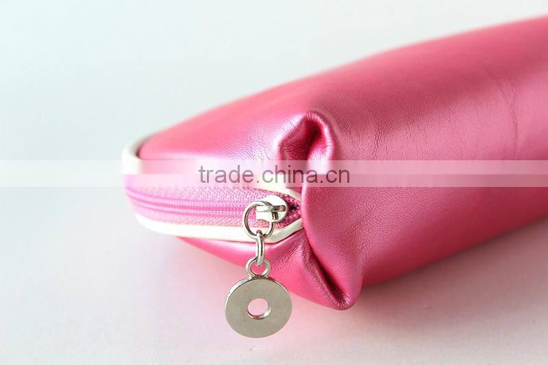 Shiny Leather Cosmetic Bag Pink Gold Color Customed Metal LOGO