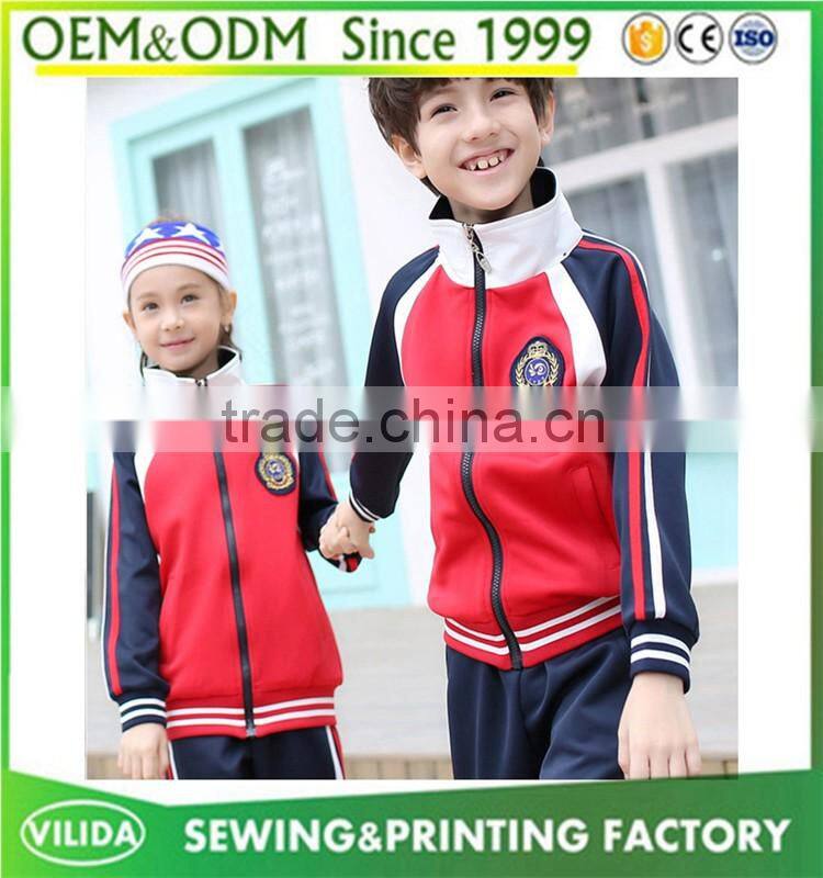 England style fashion winter primary school uniform high quality zipper red coat and bule trouser