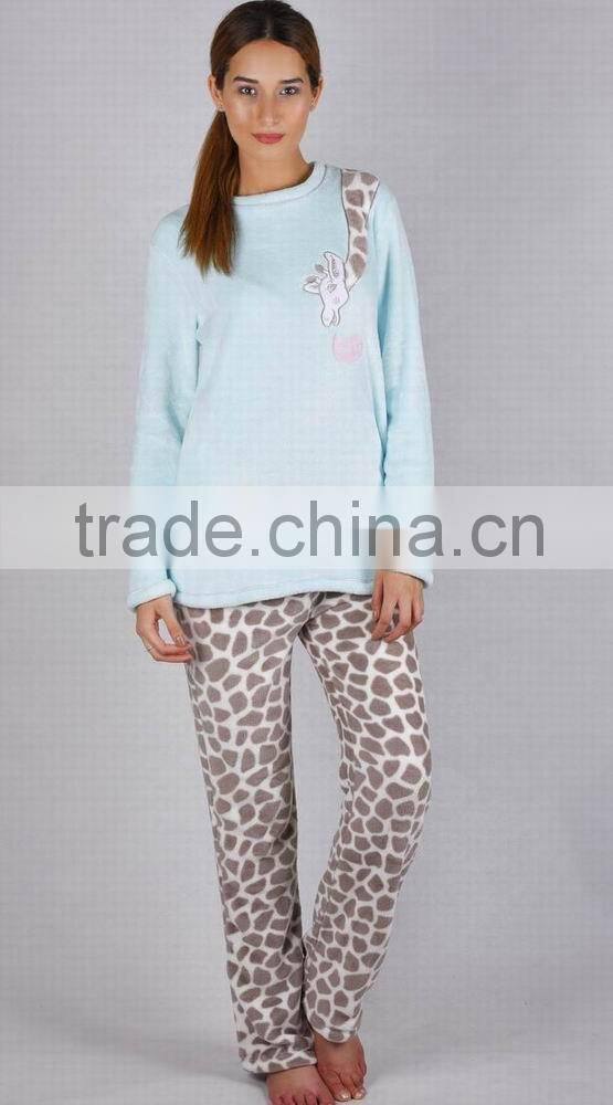 Kevince flannel pyjamas set deer emb knitting woman MOQ 1000set OEM factory directly