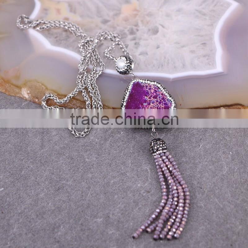 Jasper Stone Charms Druzy Tassel Necklace, Gem Stone Druzy Pendant, Pave Crystal Glass Tassel Jewelry, Stone Chain Necklace