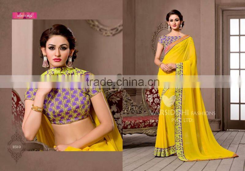 Glided Light Yellow Georgette Saree/Traditional Indian Sarees