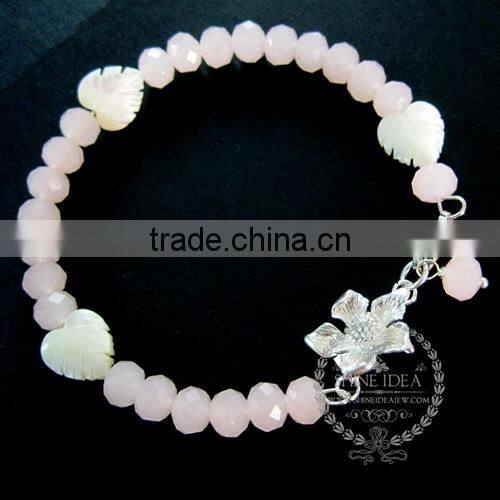 silver flower heart leaf charm summer ice pink faceted glass beads fashion women wiring bangle bracelet 6490037