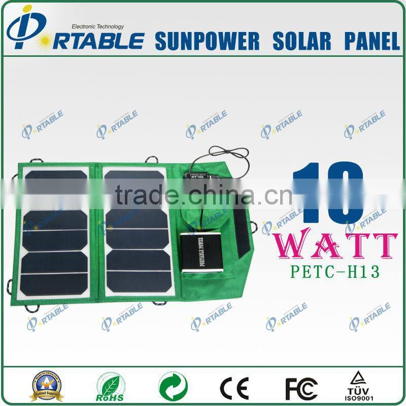 Mini solar mobile charger Sunpower solar model tariff exemption 13W solar folding panel charger (PETC-H13)