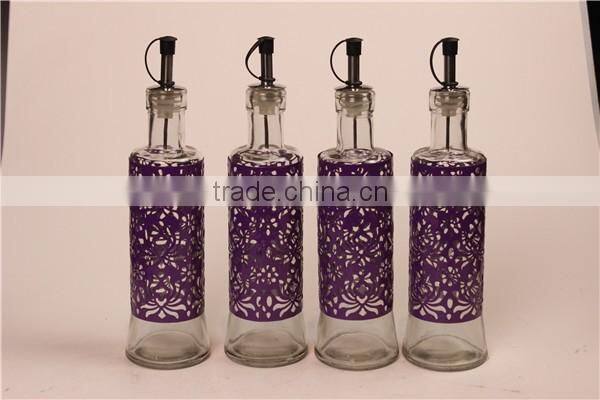 glass oil vinegar bottle set with purple metal coating