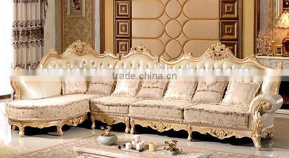Luxury European style solid wood golden carving genuine leather back matching fabric seat living room corner sofa set
