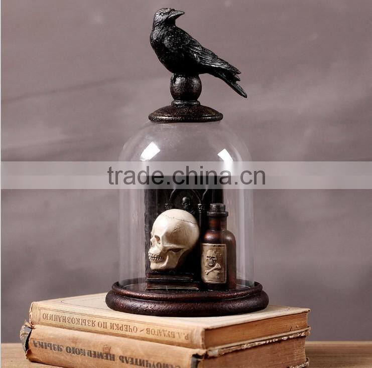 halloween skull and crow decoration with glass dome creepy gift