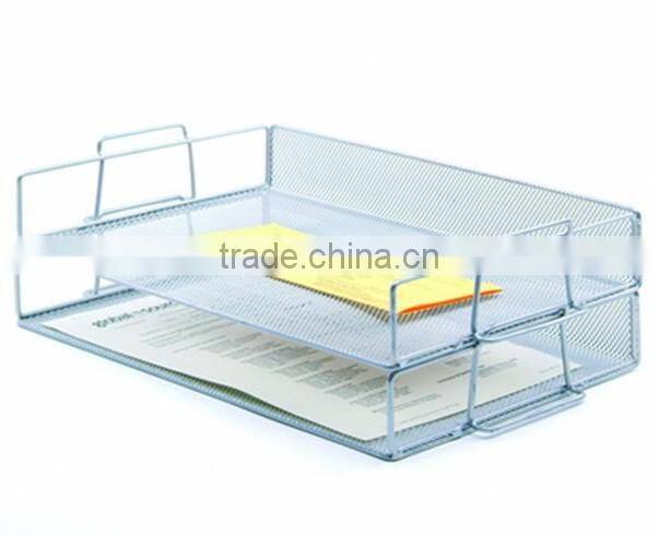 Silver 2 Layers Metal Mesh Portable Office Stackable Letter File Tray