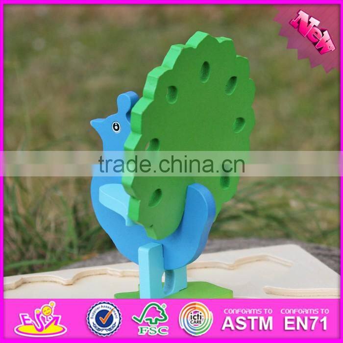 2017 New product funny 3d peacock children wooden puzzle animals W14G040