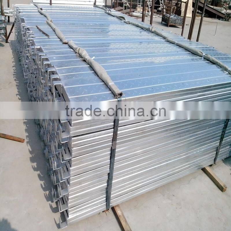 Galvanized metal walk board with hook for building scaffolding system