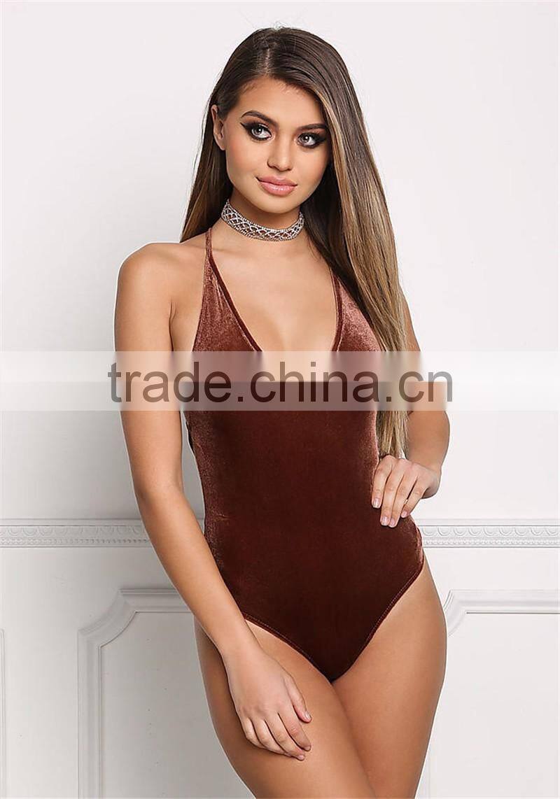 MGOO Fashion Factory Made Cross Strap Velvet Bodysuits Custom Deep V Neck Bloues Tops Sleeveless Custom