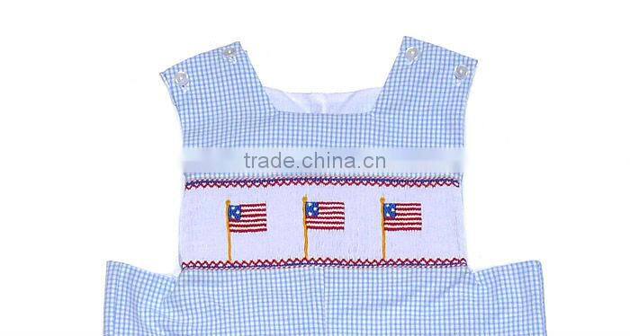 Baby Boy Light Blue Mini Gingham Smocked American Flag Shortall