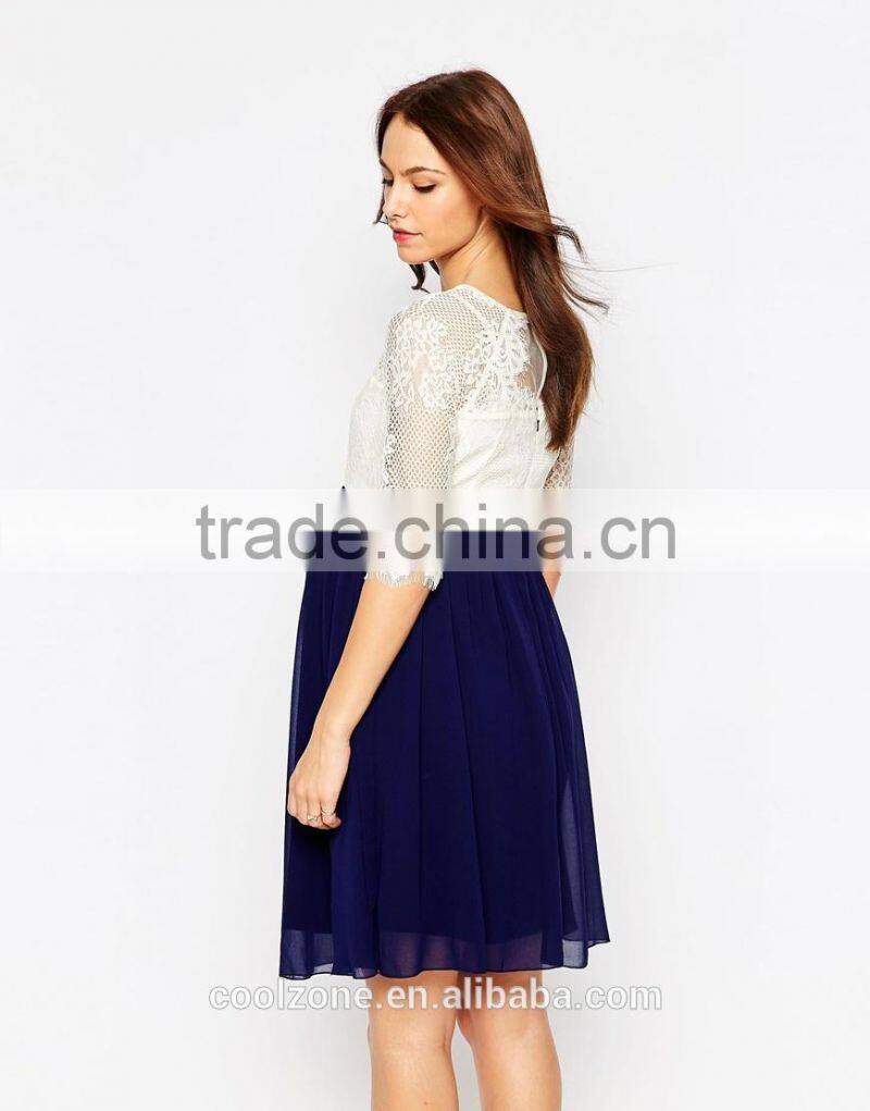 100% Polyester crew neck lined lace bodice maternity dress for women