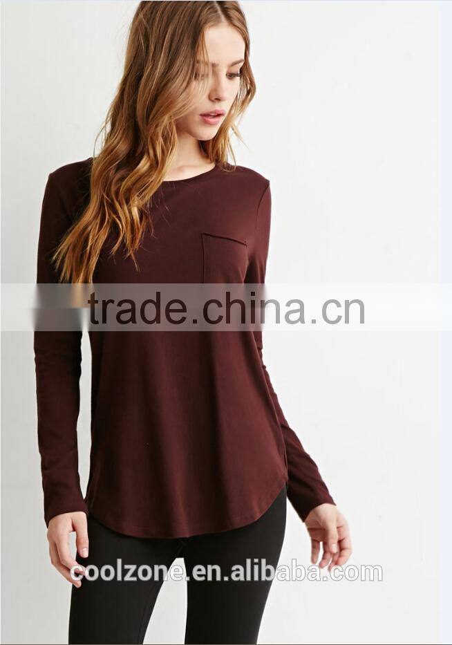 100% Cotton long sleeves t shirt women curved-hem pocket t shirts wholesale