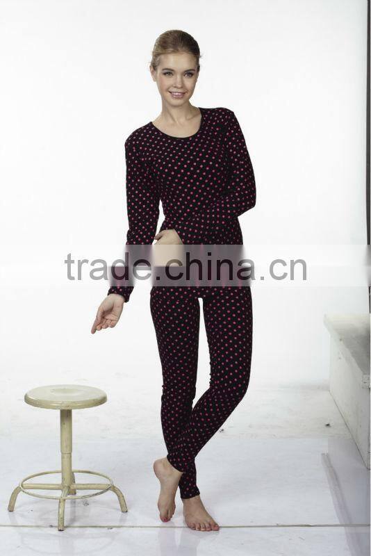 Custom wholesale winter home design polka-dotted printing women slim thermal long johns