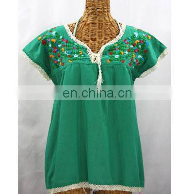 Green Cotton Women's Maxican Handcrafted Multi Color Embroidered Kaftan Party Wear Short Dress