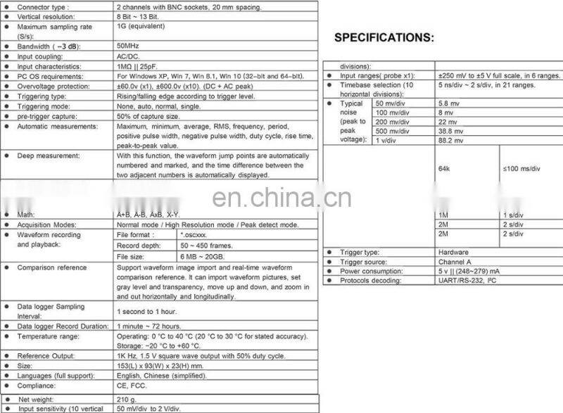 OSC2002 2 Channel 1GS/s Sampling Rate 50MHz Bandwidth Handheld USB Oscilloscope