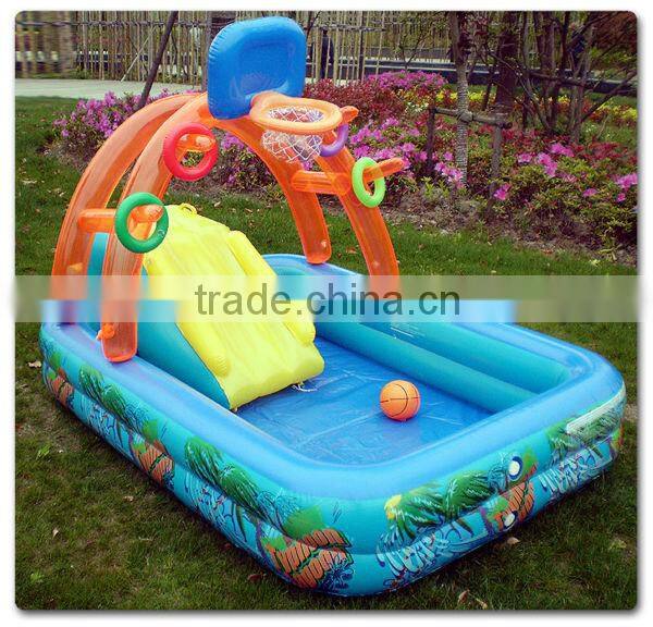 pvc inflatable swimming pools with slide and basket