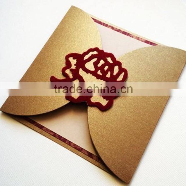 Hot sale charming & elegant golden laser cut rose wedding invitations