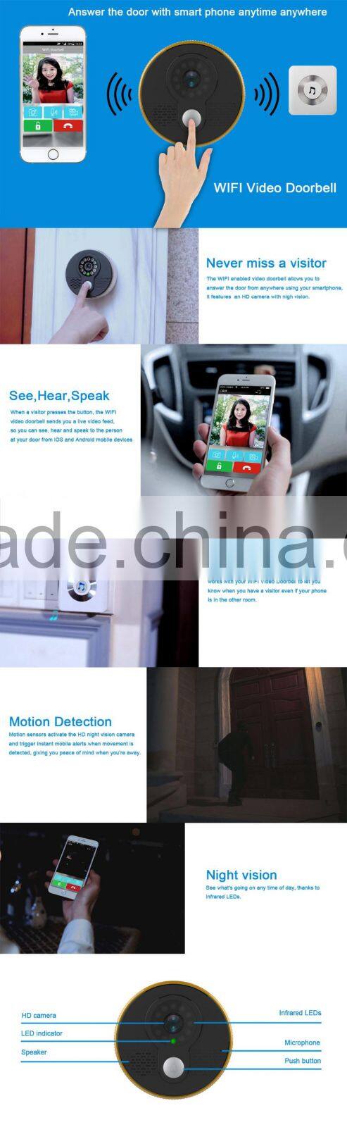 Support wireless indoor doorbell 720P WIFI doorbell camera with night vision and Free Smartphone APP