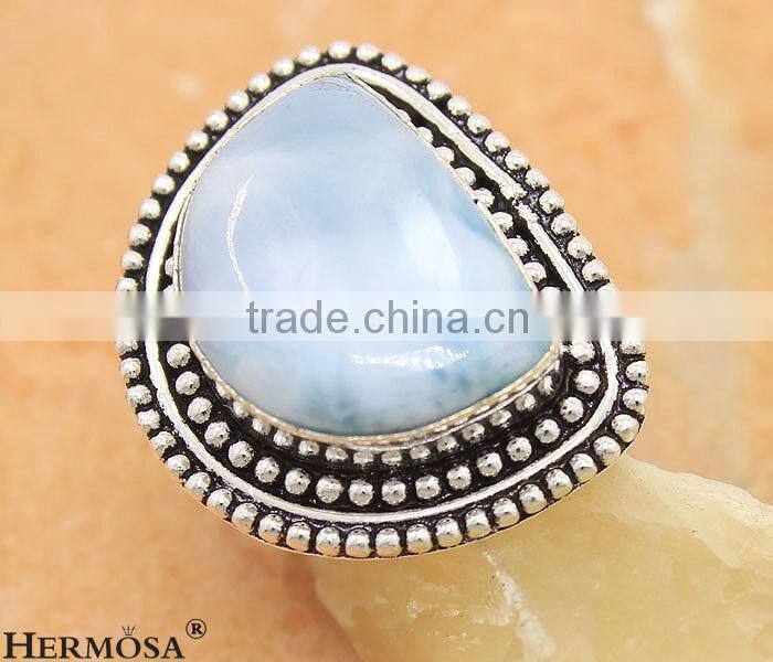 Dazzling Natural Stone Blue Larimar Vintage 925 Sterling Silver Men Ring Sz.9.25