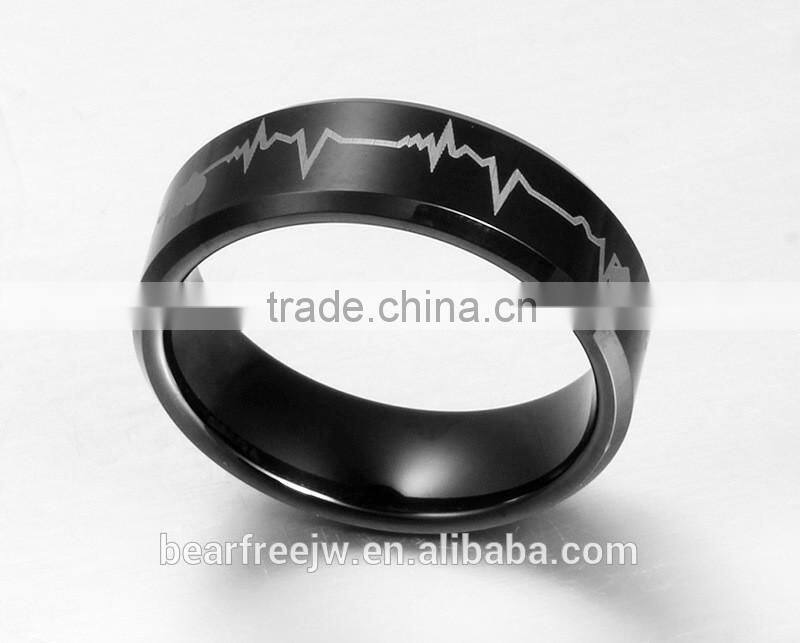 Black Tungsten Carbide Engagement Wedding Bands Engraved Forever Love Heartbeat Promise Rings