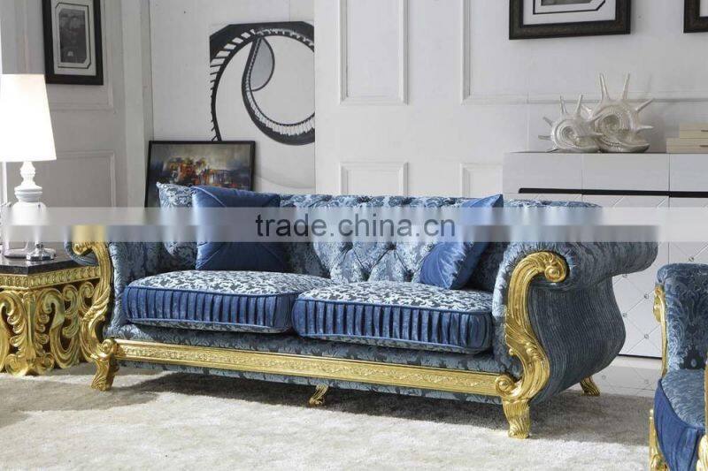 hand carved new classic gloden foil livingroom furniture fabric sofa sets AL187