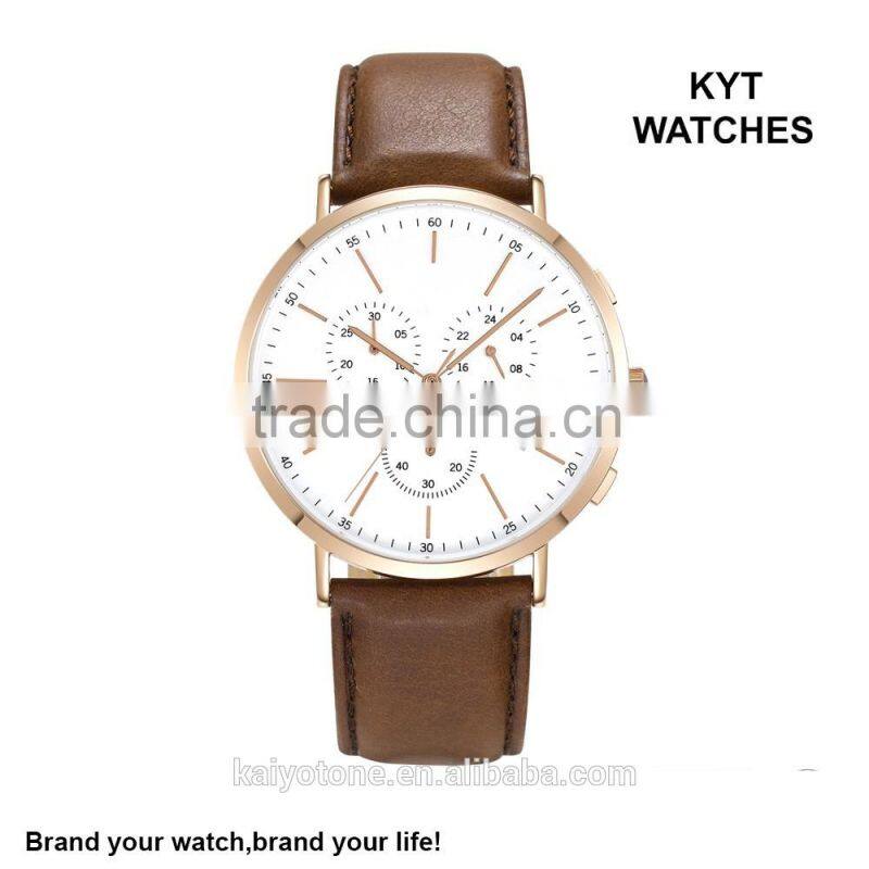 2016 KYT Japan Movt Quartz Watch Stainless Steel back 10atm Water Resistant leather band Chronograph Men Gift WristWatches