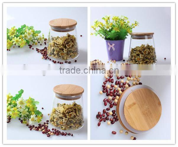500ml unique shape mouth blown clear trapezoid candy,food glass storage jars with bamboo lid
