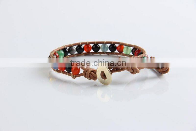 6mm natural mixed color agate leather bracelet custom made, leather braided bracelet, new style bracelet