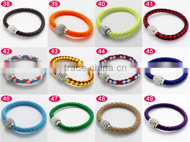 Mixed colorful customized braided leather bracelet , magnetic buckle leather bracelet