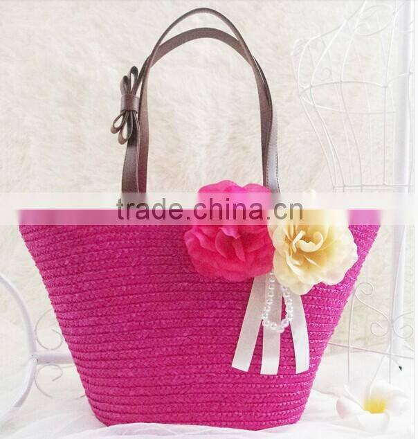 4 color wheat straw women tote beach bag with round handle big size bag and flower decoration