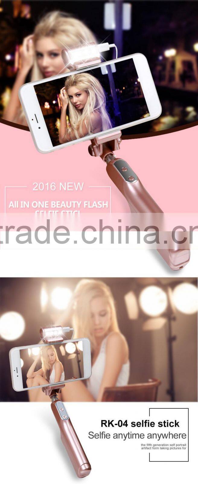 2016 RGKNSE rk-mini 4 all in one pen size foldable night using sync flash beauty wired selfie stick with led flash
