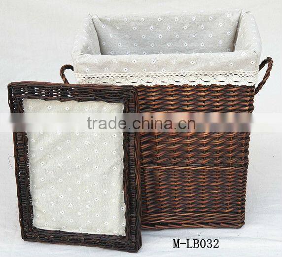 Grey wash large wicker laundry basket with lid, willow household storage basket- set of 5