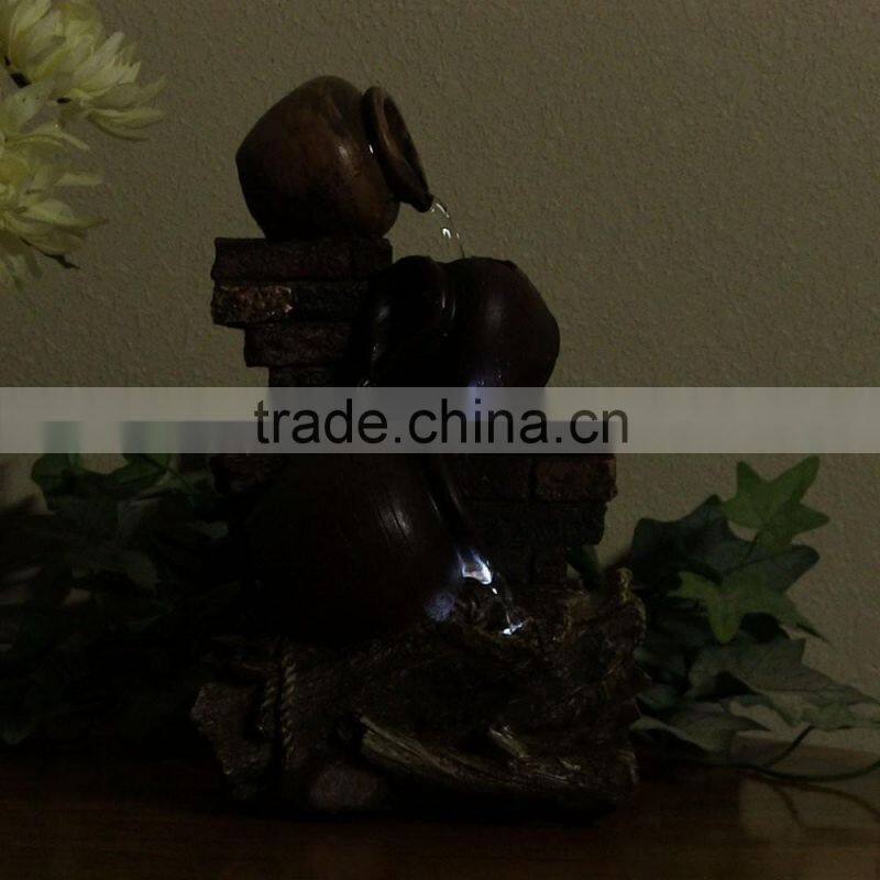 Rustic Brick Wall and Jugs Tabletop Fountain with LED Light